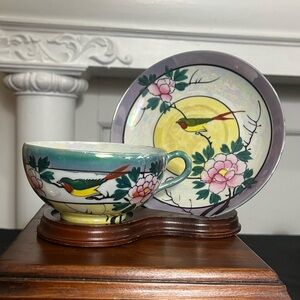 Antique pair Japan lusterware teacups plates fine lightweight porcelain birds